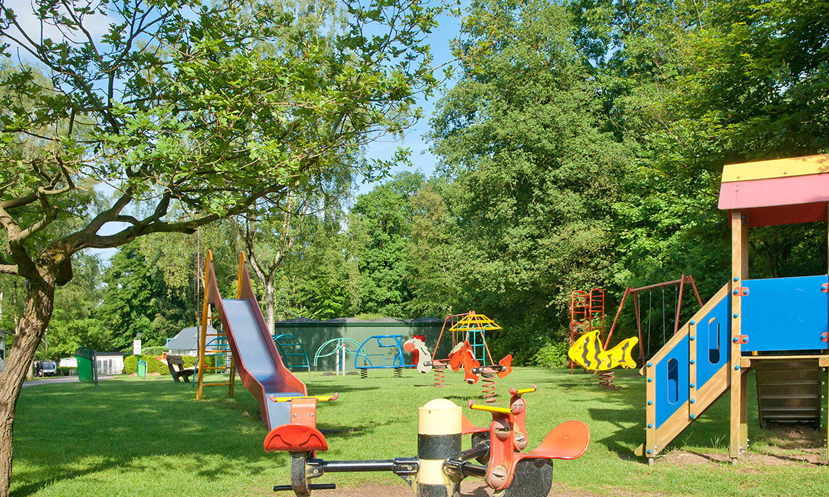 Playground equipment standing idle amidst lush greenery and trees at de Wrange