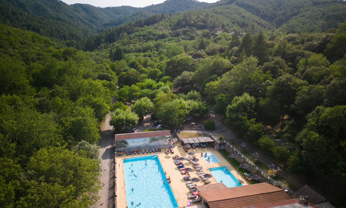 At La Clémentine, a swimming pool with individuals swimming is encircled by loungers and foliage, situated in a verdant mountainous forest area.