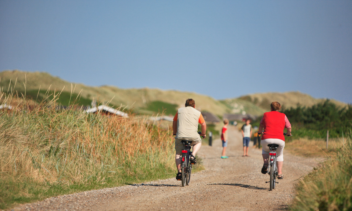 At Dancamps Nordsø, two individuals cycling on a gravel trail encircled by grassy mounds and distant trekkers.
