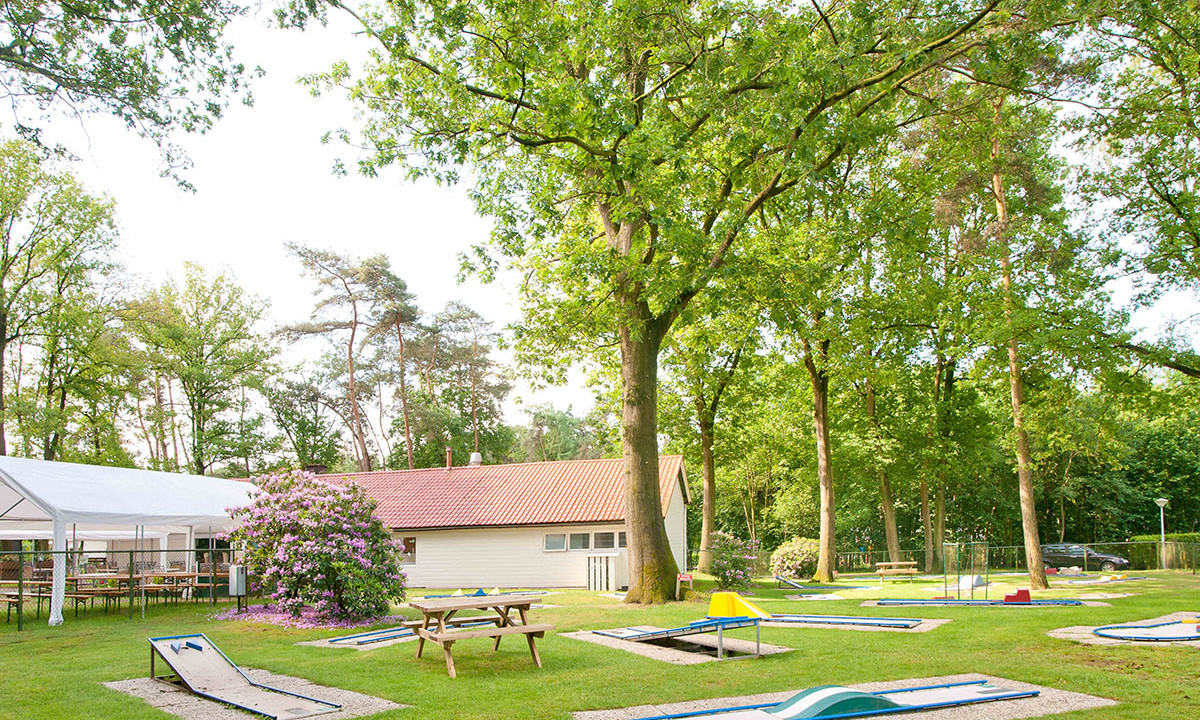 Mini golf course with small obstacles, surrounded by picnic tables, trees, and buildings, set in a lush green area at de Wrange
