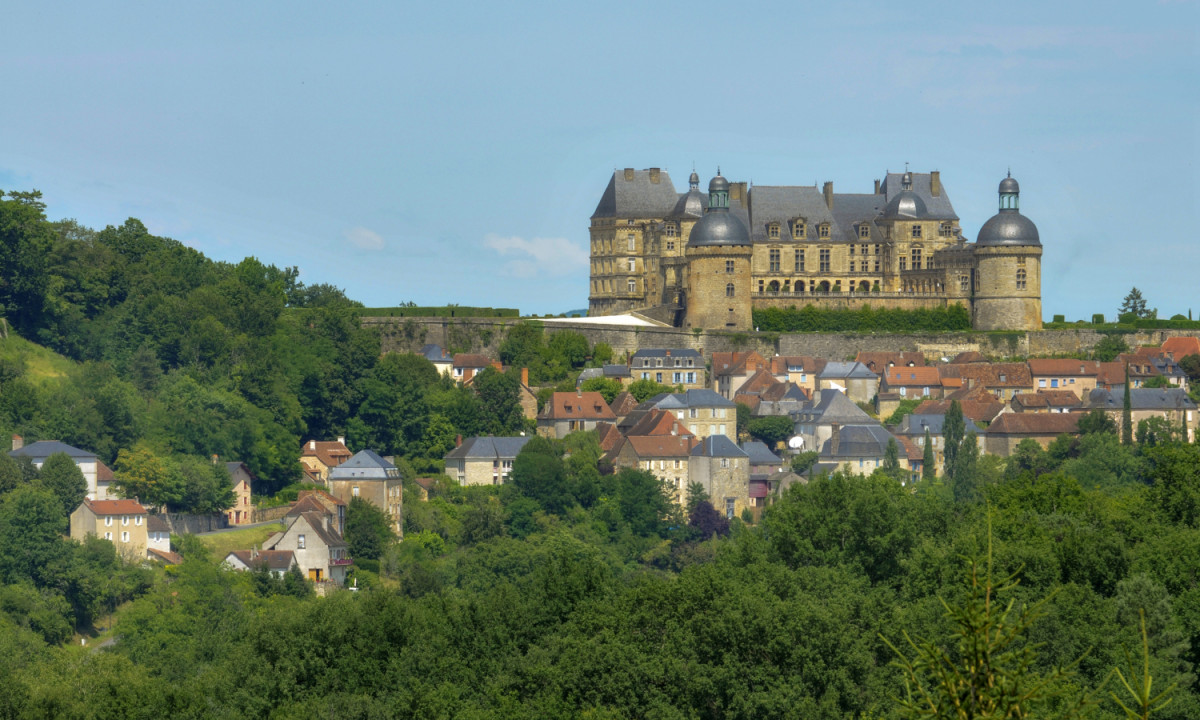At Coucou, a magnificent fortress towers over a quaint village filled with several homes surrounded by vibrant green trees.