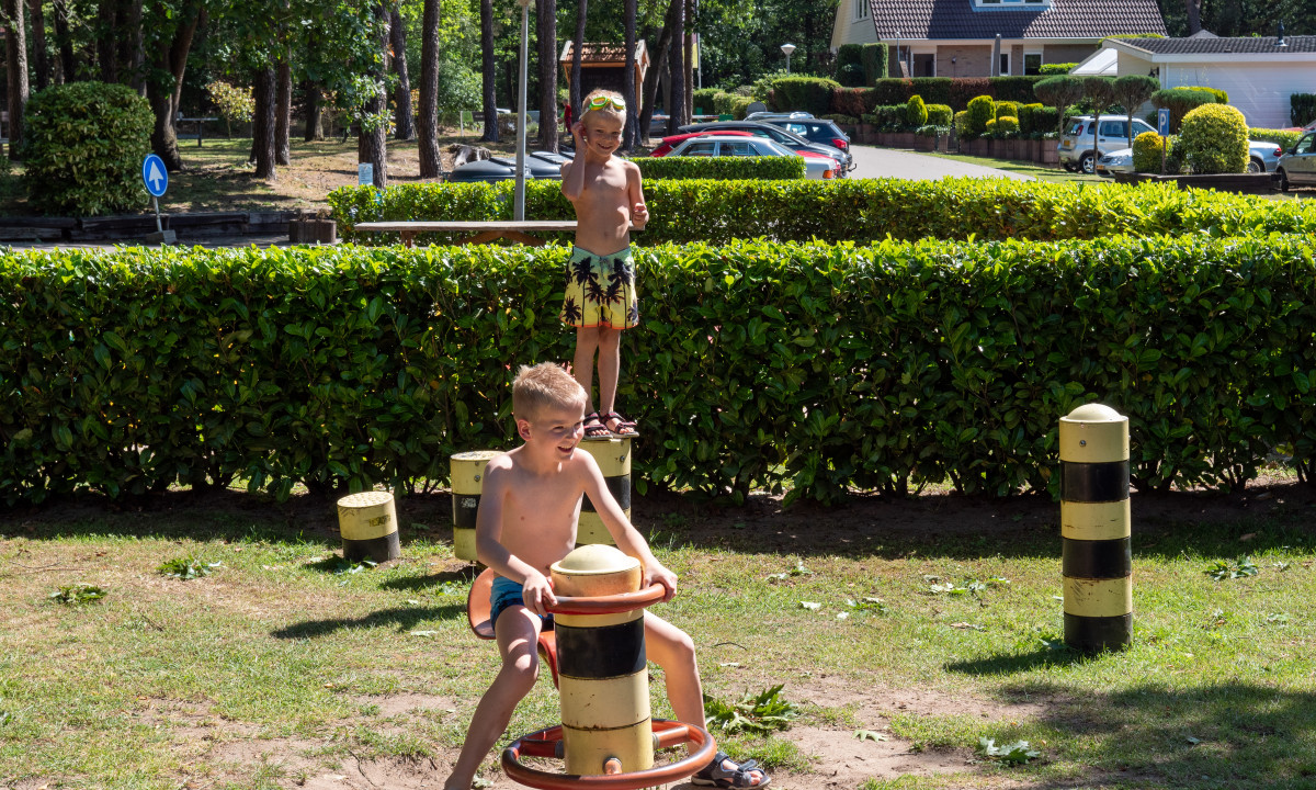 Two boys play on a merry-go-round; in a grassy area with hedges and cars nearby at de Wrange