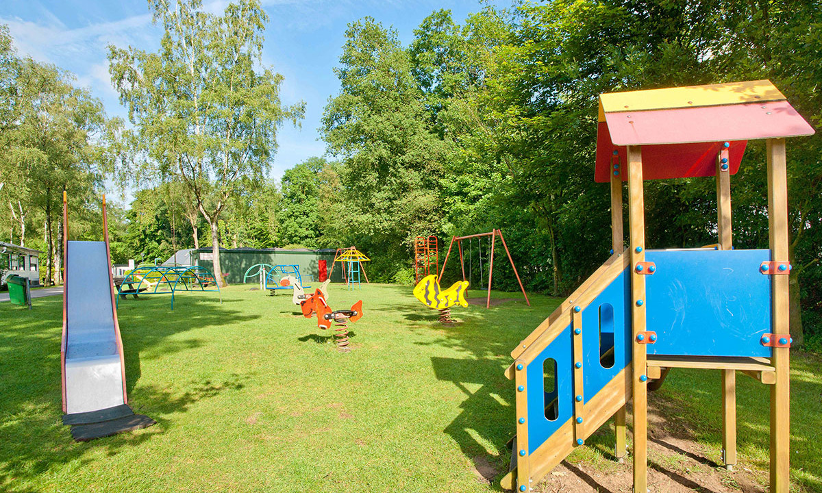 Playground equipment stands idle on green grass amidst trees under a clear sky at de Wrange