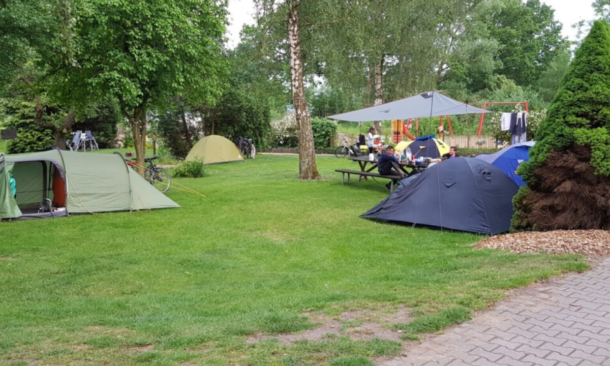 At Elbeling, three tents are pitched on the grass, with individuals seated at a picnic table, encircled by trees and shrubs.