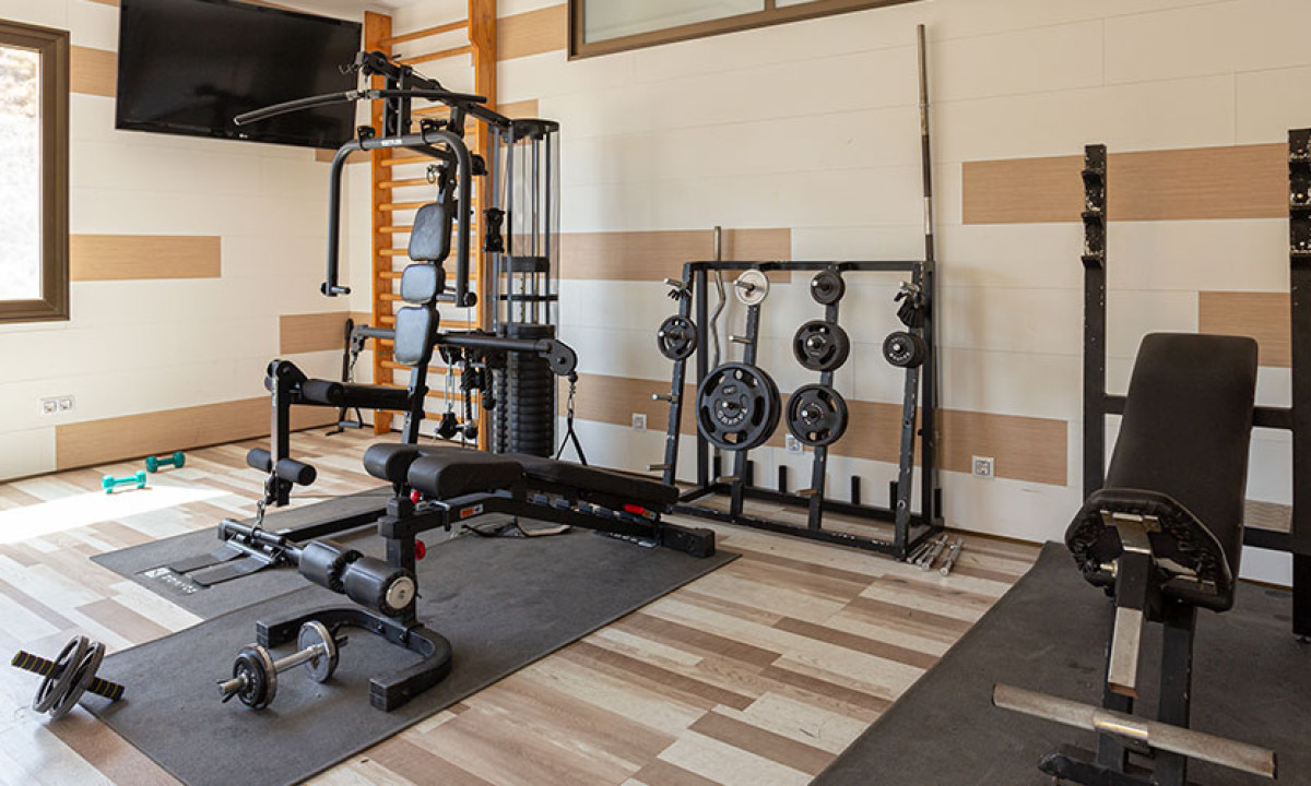 At Camping Los Escullos, gym apparatus remains idle in a brightly lit exercise area featuring wooden flooring and walls.