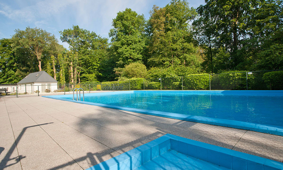 Swimming pool beside a paved deck, surrounded by trees and a small building at de Wrange