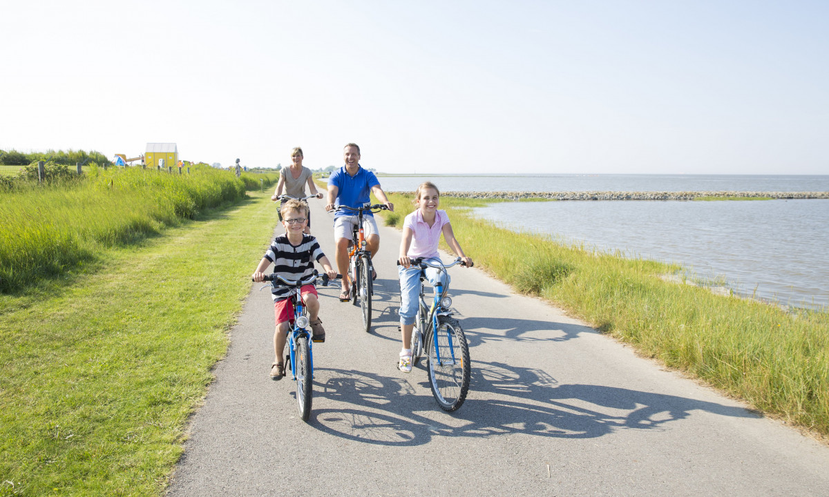 At KNAUS Campingpark Eckwarderhörne, five individuals are cycling along a paved trail by the water on a sunny day.