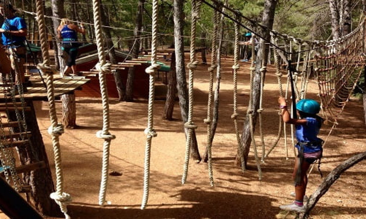 At Puente de las Herrerías, individuals maneuver through a rope challenge amidst towering trees in a woodland, donning helmets and safety harnesses.
