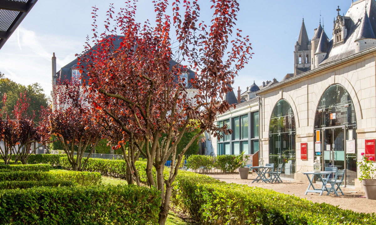 Red-leaved trees standing in a manicured garden near a historic building on a sunny day at Le Moulin des Cordeliers