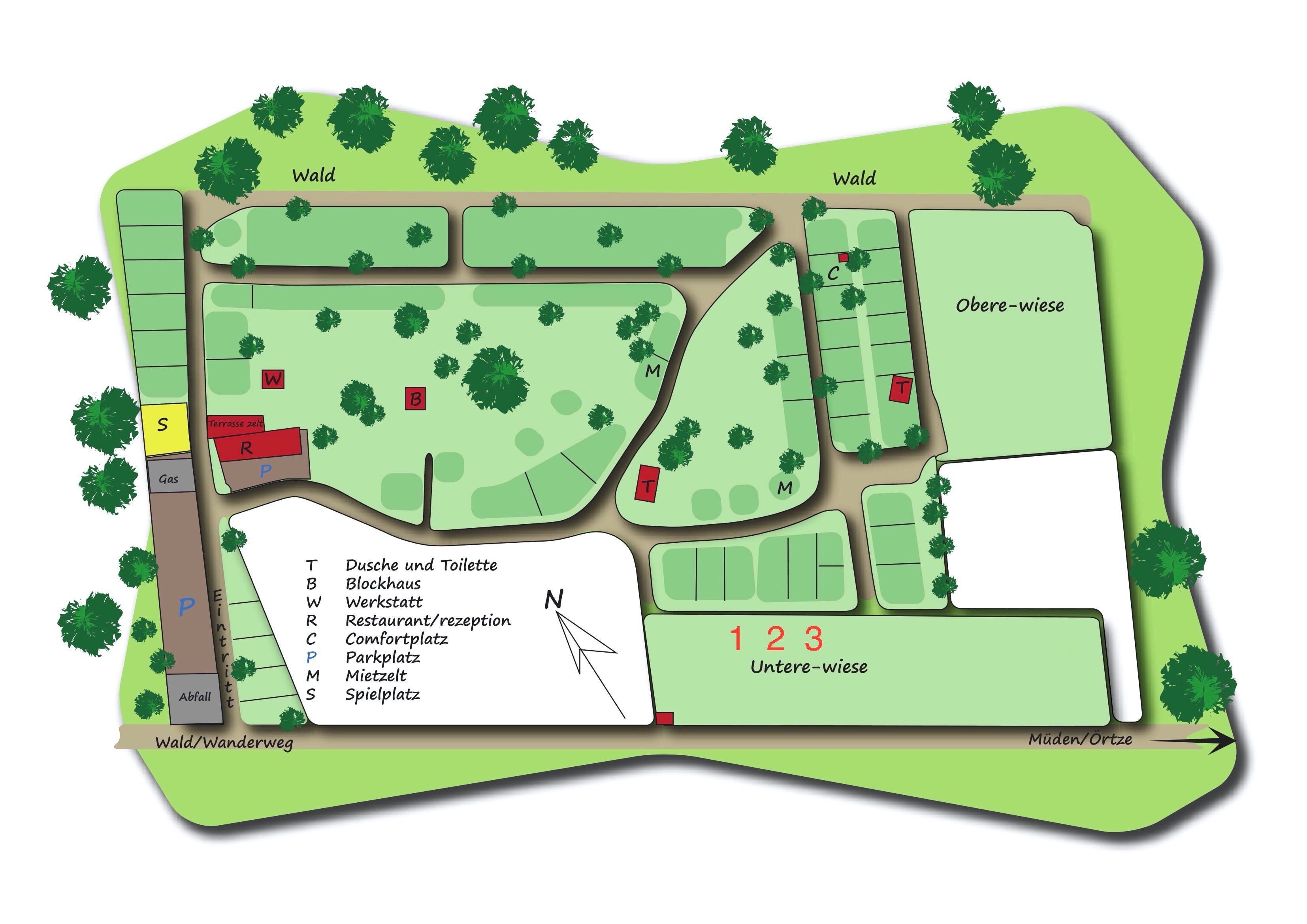 At Sonnenberg, a diagram depicting a campsite arrangement with designated amenities, trails, parking areas, and lush forested regions.