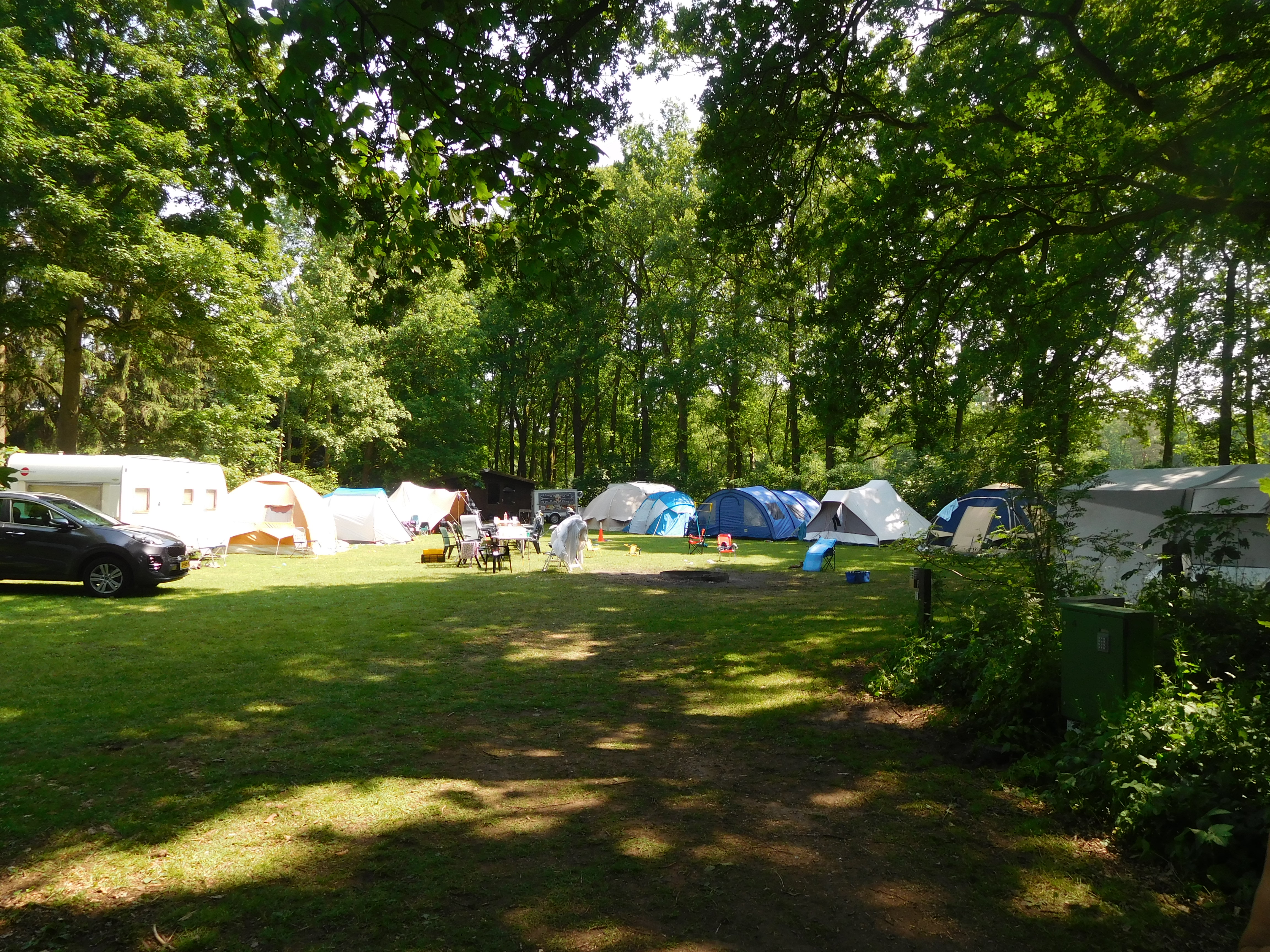 At de Vinkenkamp, tents and caravans are arranged on a grassy space encircled by trees, with a vehicle parked close by.