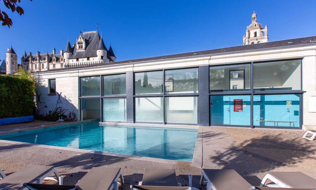 A tranquil pool beside a modern building, overlooked by a historic castle on a sunny morning at Le Moulin des Cordeliers