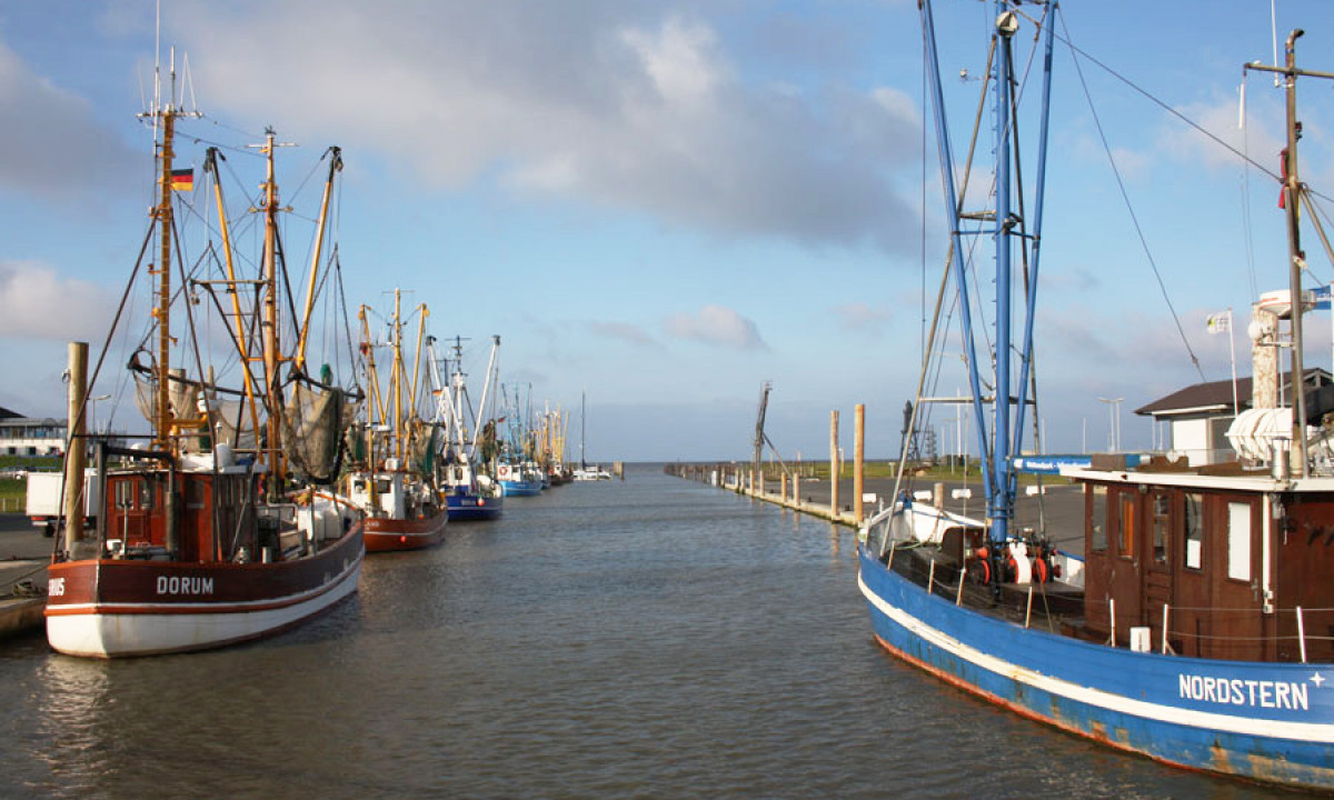 At KNAUS Campingpark Dorum, vessels are moored along a river, extending towards the skyline beneath a partially overcast sky.