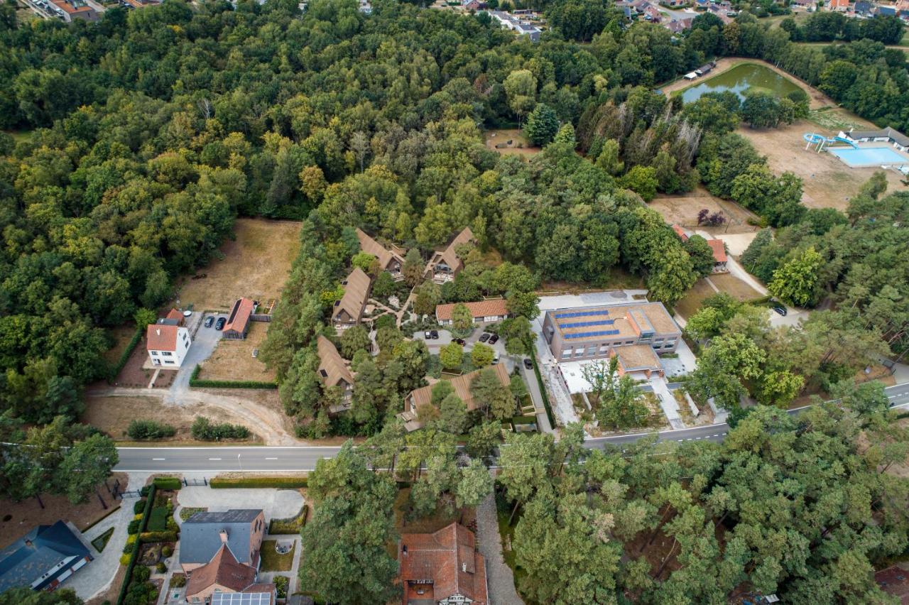 Aerial view of a campground nestled in dense forest, featuring multiple cabins and a swimming pool at Woodz Lodges
