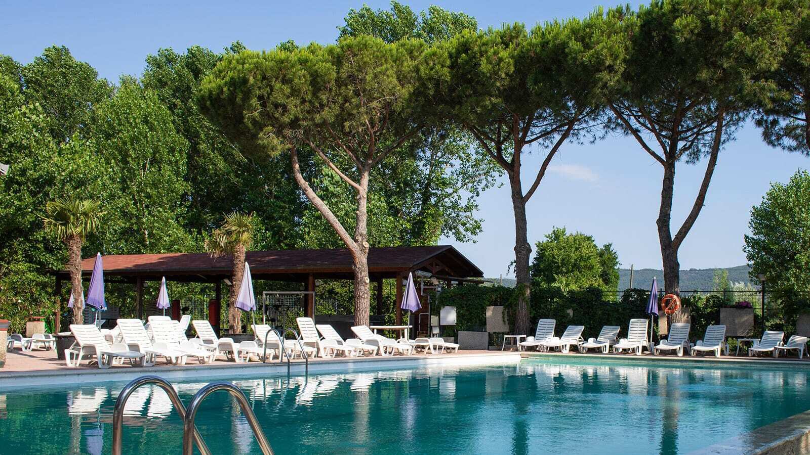 Pool surrounded by sun loungers, pine trees, and a wooden shelter, under a clear blue sky at Punta Navaccia
