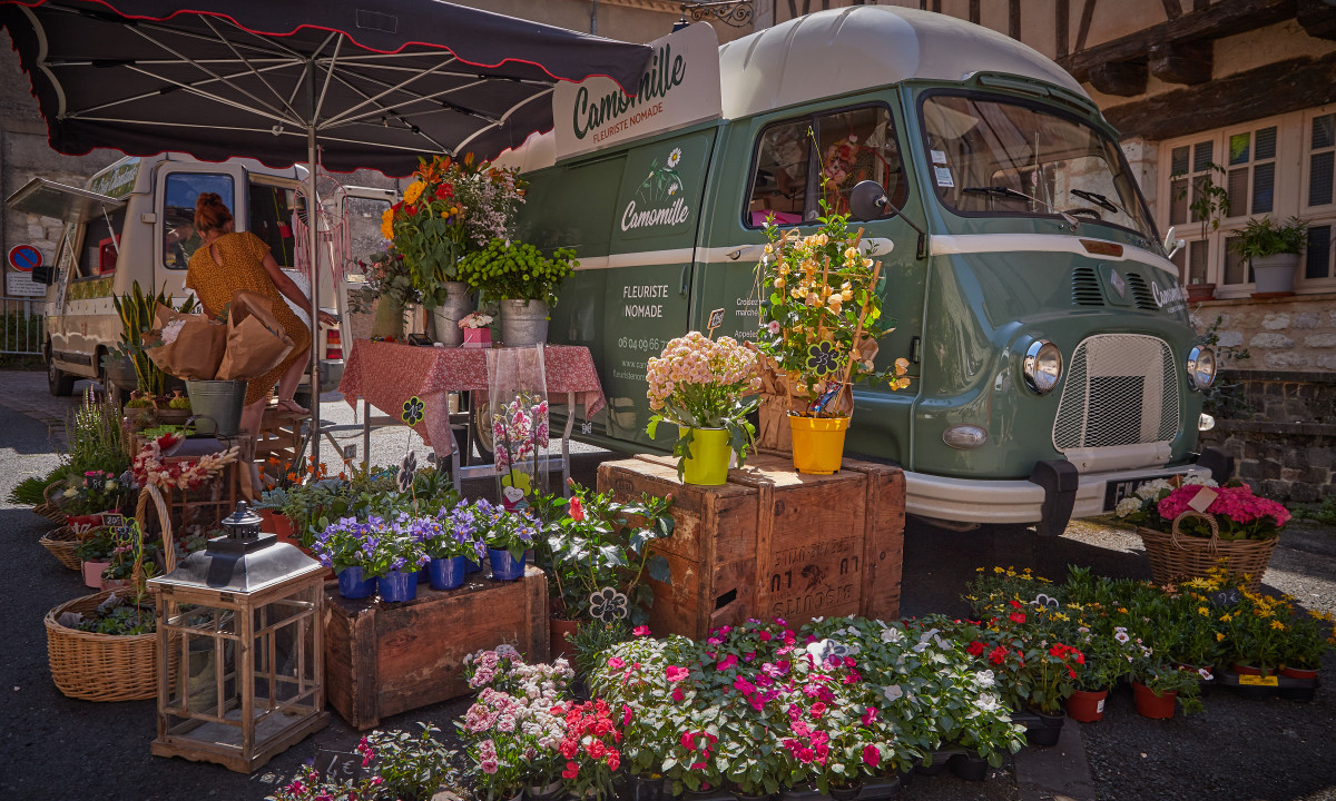 At Le Chêne Vert, a flower seller is organizing floral arrangements beside a classic van beneath a canopy, encircled by vibrant potted plants.