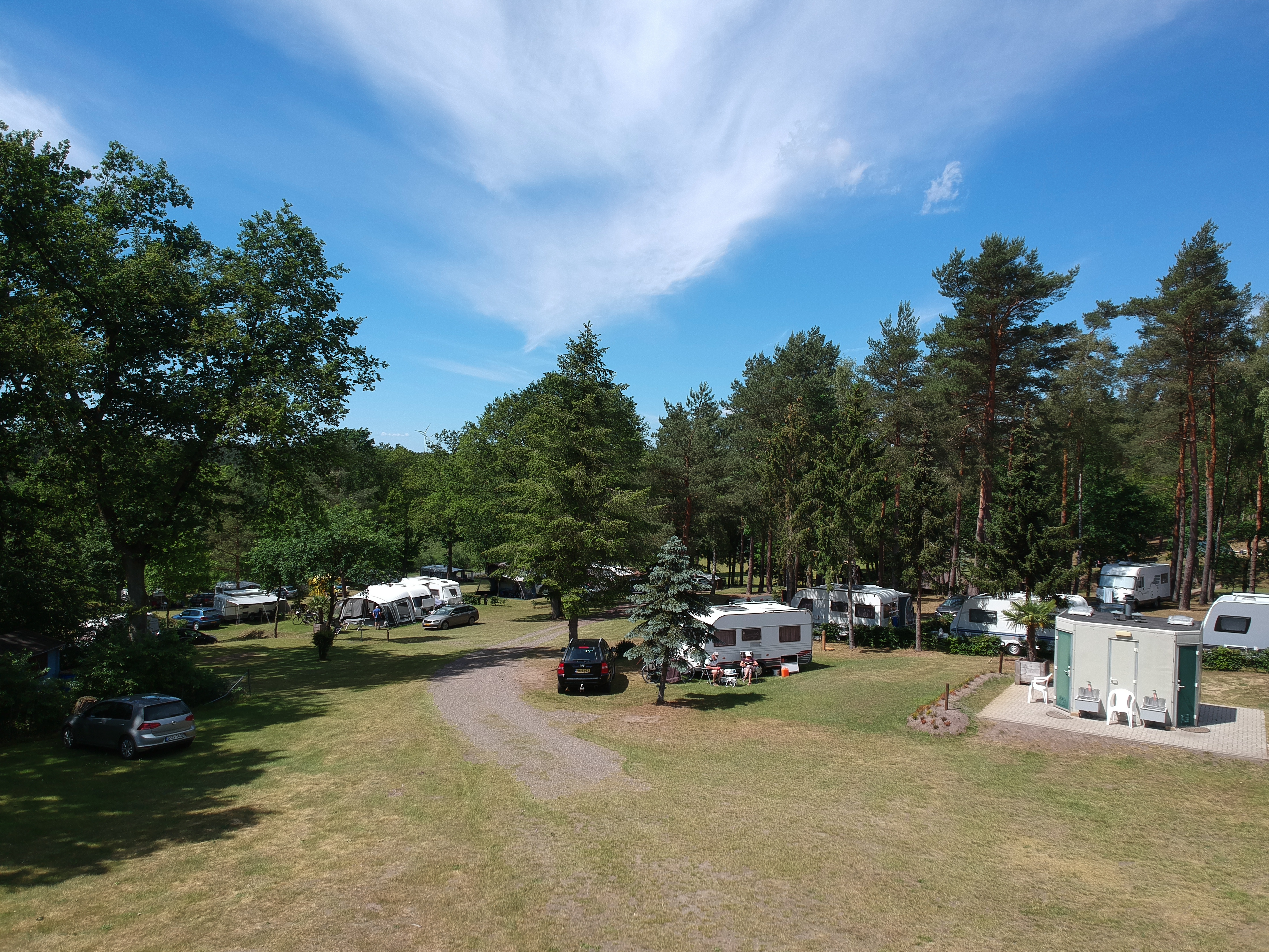 At Sonnenberg, caravans are stationed beneath pine trees, while individuals are seated nearby, savoring a clear afternoon sky.
