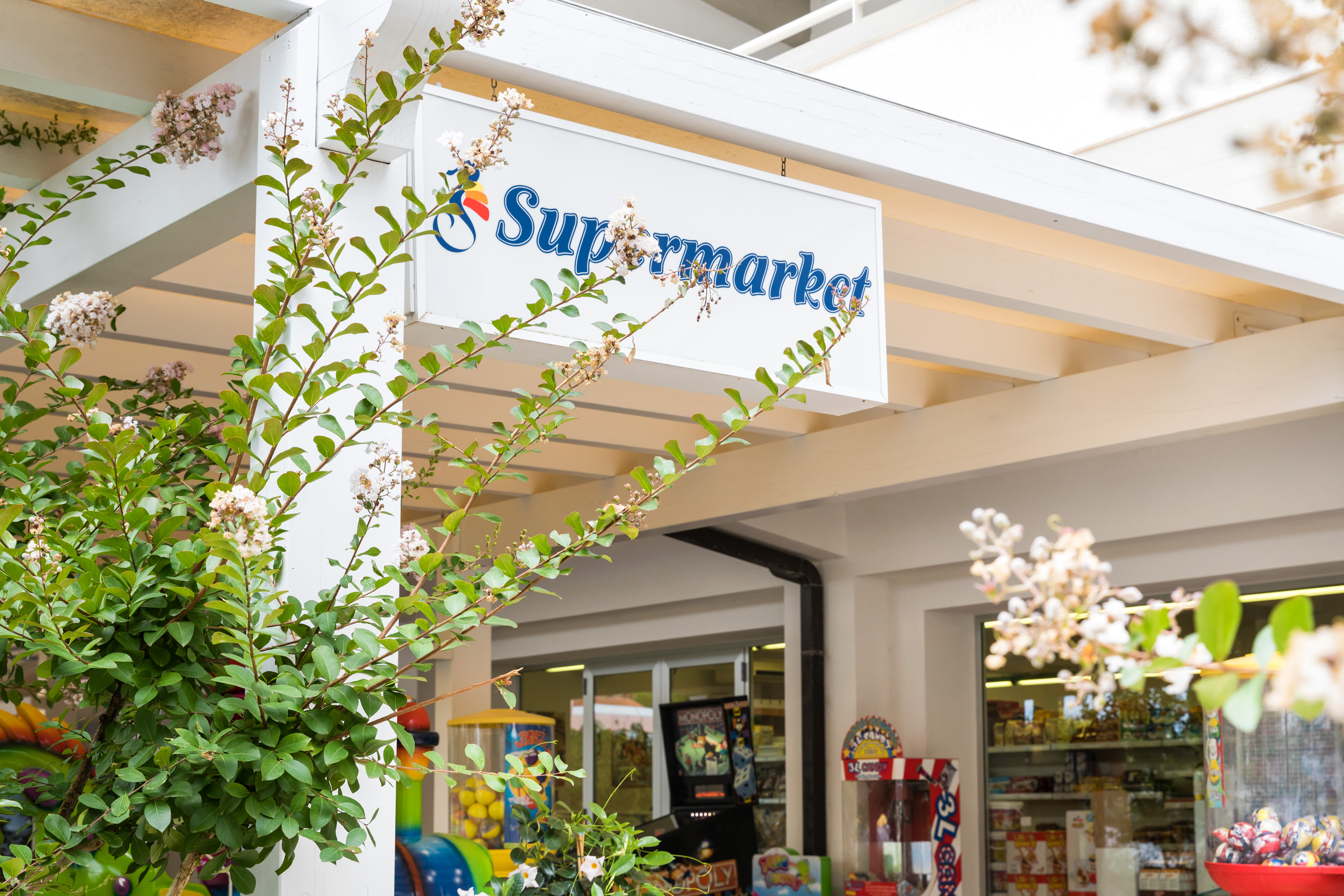Supermarket entrance with flowering shrubbery, arcade games, and a gumball machine in an outdoor shopping setting at Residence Village