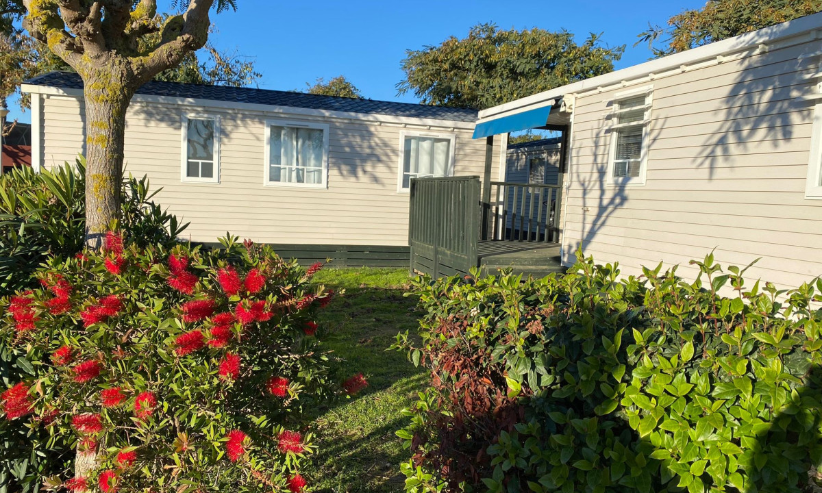 Mobile homes sit under a clear blue sky, surrounded by lush greenery and red-flowering bushes at Resort Els Pins