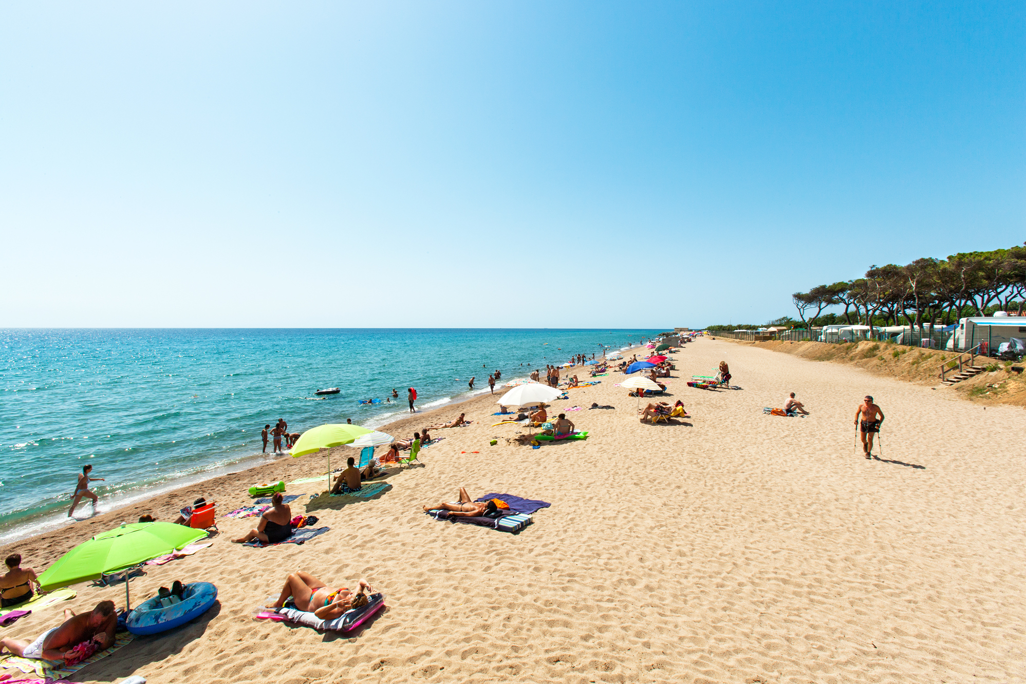 People sunbathing and swimming along a sandy beach with umbrellas and lush trees nearby at El Pinar