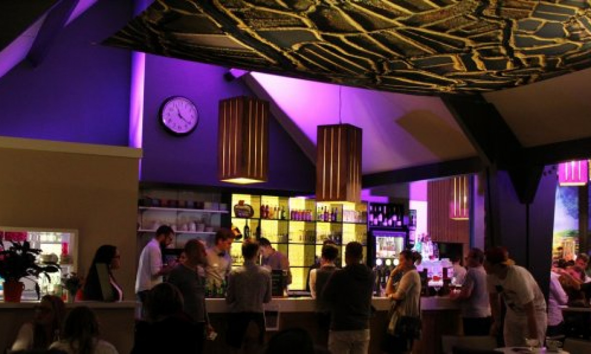 At Le Domaine de Léveno, patrons are requesting beverages at a lively bar beneath an ornate ceiling illuminated with purple lighting.