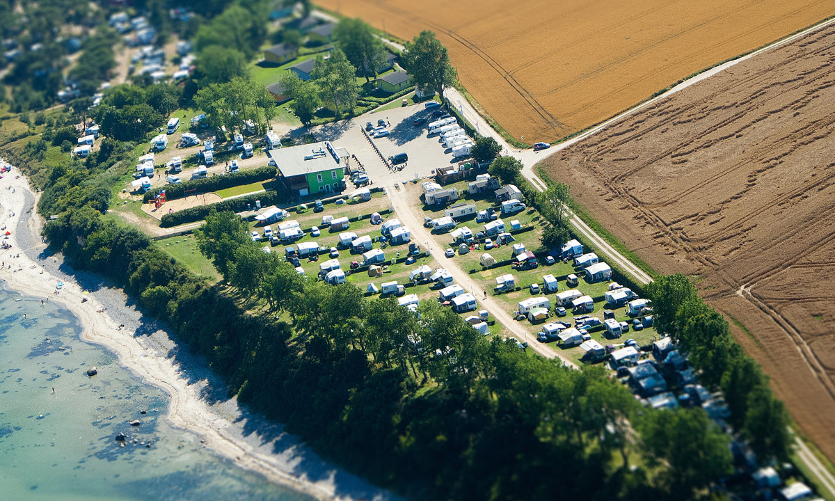 At KNAUS Campingpark Rügen, caravans and tents are arranged orderly by the shoreline, next to golden meadows and shaded by a few trees.