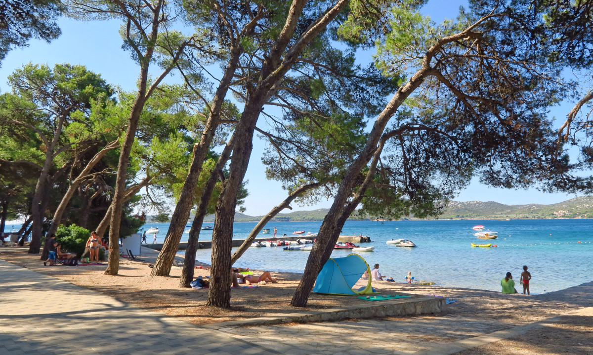 Beachgoers relax under trees near the shoreline with boats and water activities in the background at Ljutić