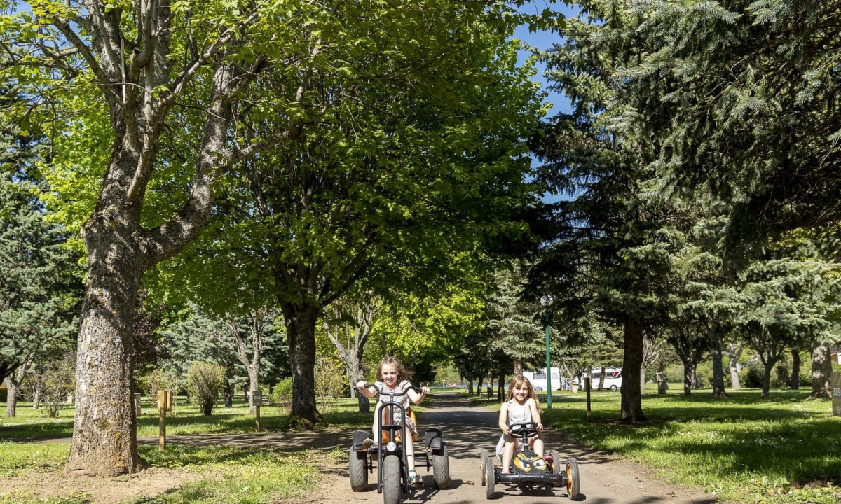 Two children ride kart bikes on a paved path surrounded by trees at La Ribeyre