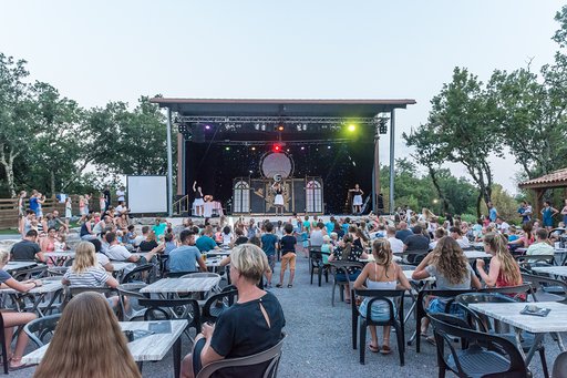 At Le Ranc Davaine, an outdoor theater features entertainers on stage captivating a seated crowd, encircled by trees.