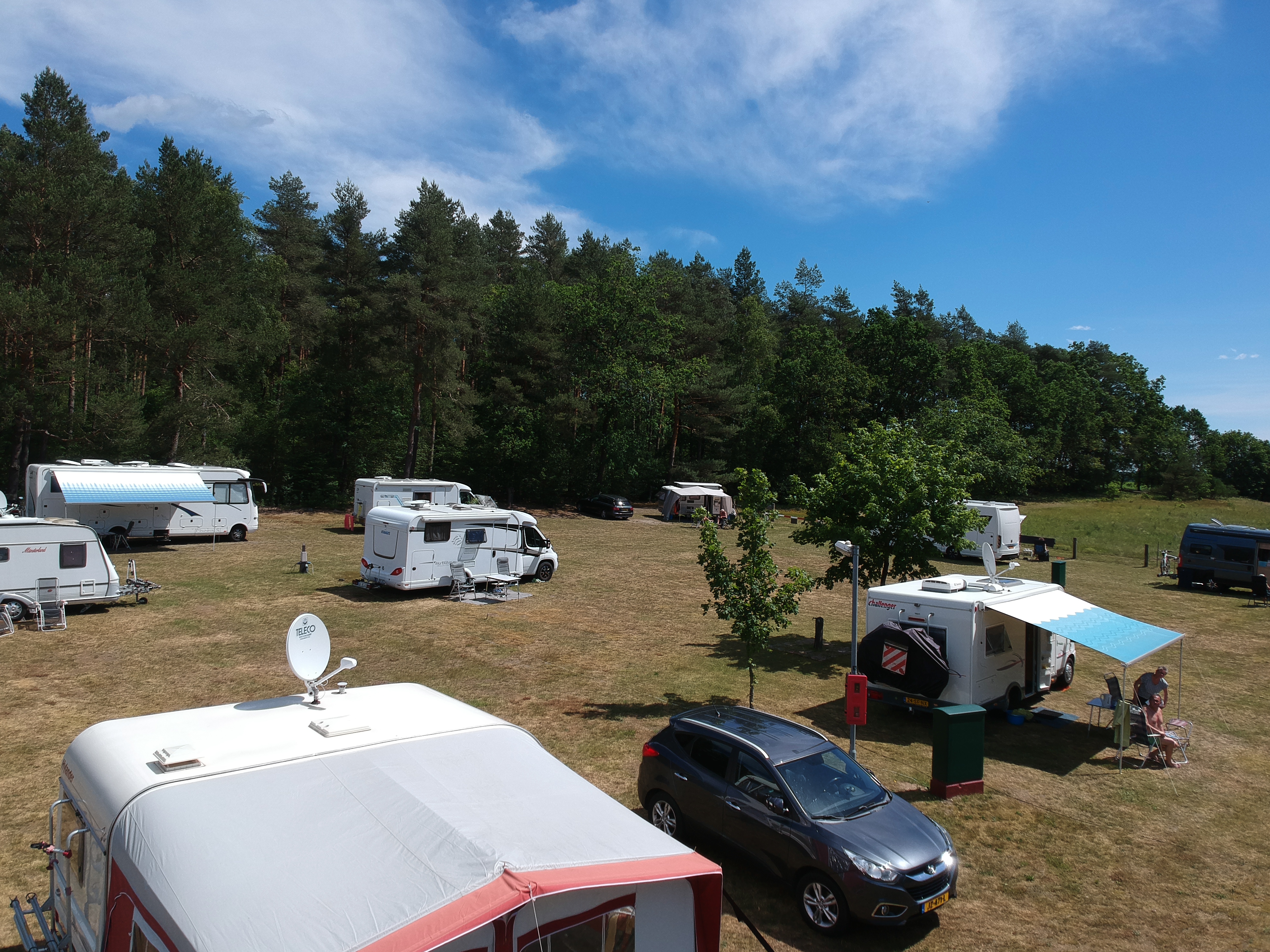 At Sonnenberg, caravans are stationed on a spacious grassy field adjacent to a woodland, with campers relaxing beneath awnings.