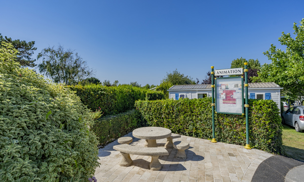 At De la Plage, a stone picnic table is positioned on the patio, encircled by lush hedges and trees, adjacent to a mobile home.