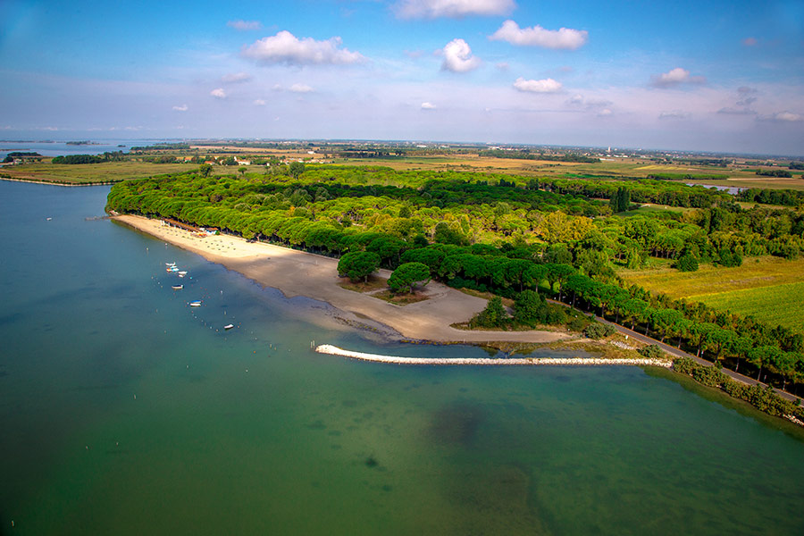 Beach stretches along a forested coastline with small boats anchored near the shore under a partly cloudy sky at Belvedere Pineta