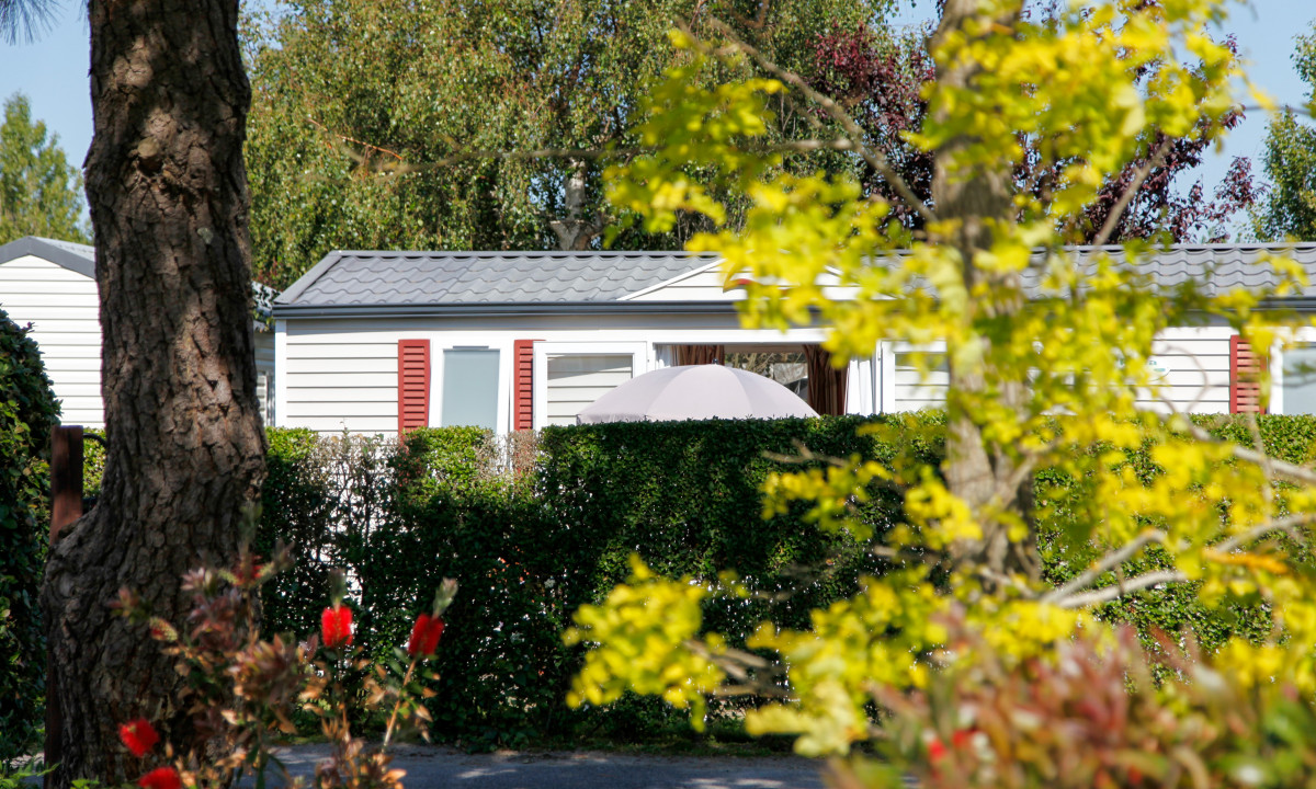 At De la Plage, a mobile home is encircled by shrubs and trees, with a parasol offering shade in a bright setting.